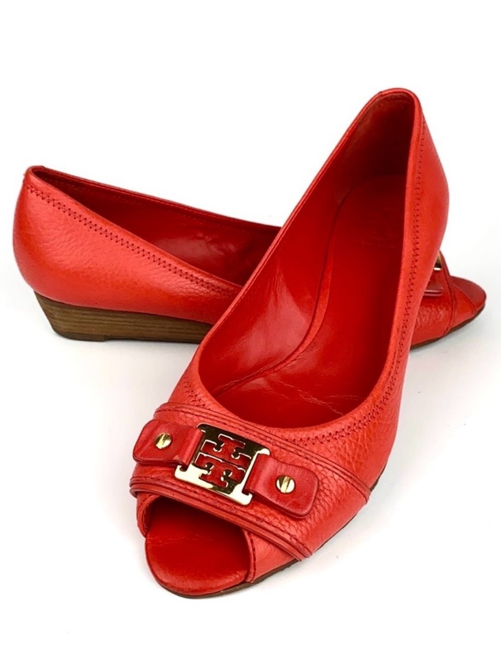 Tory Burch Coral Red Peep-Toe Leather Flats with Gold Logo